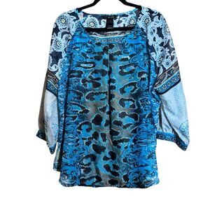 Ali Miles Top Womens 1X Multicolor Mixed Print Art To Wear Boho Sheer Blouse